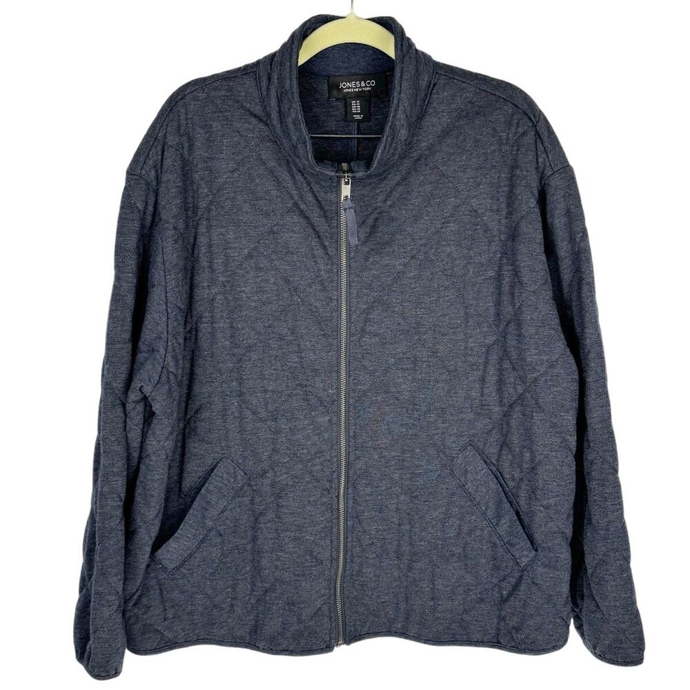 Jones & Co Blue Jersey Zip Quilted Mock Neck Elastic Hem Insulated‎ Jacket 1X